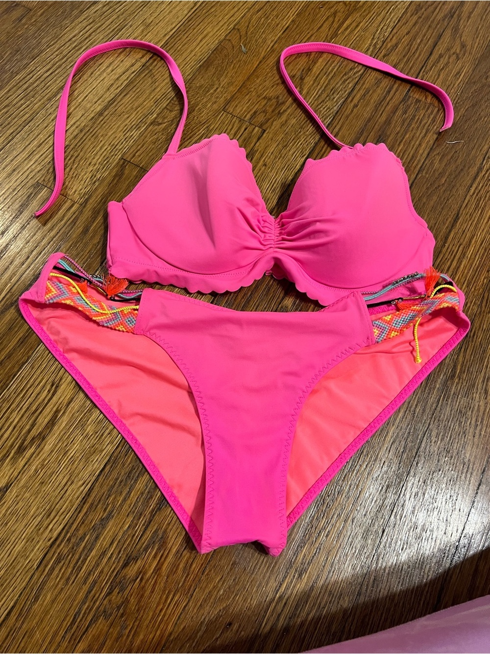 Victoria's Secret Hot Pink Halter Bikini with Multicolor Side Ties - Picture 5 of 12